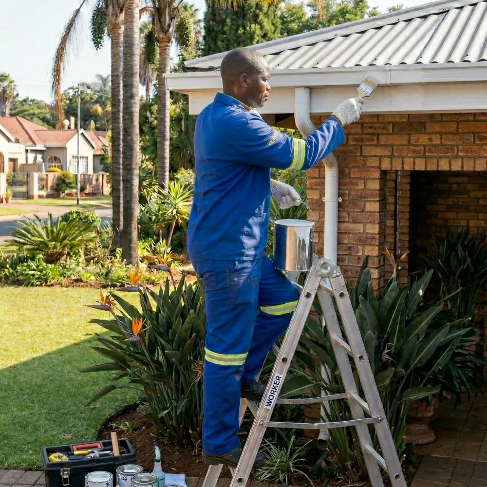 Envirolux technician repairing a gutter on a ladder
